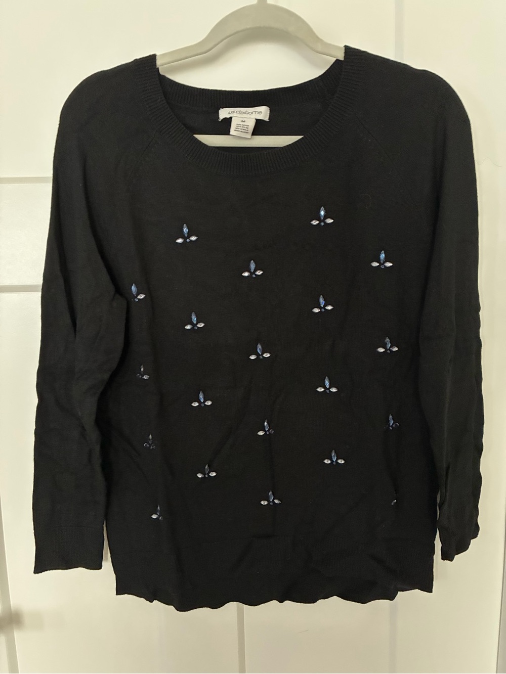 Liz Claiborne Black Sweater with Blue and Silver Bead Details